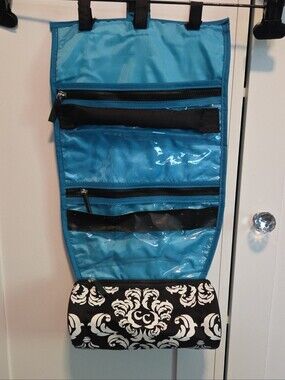 Turquoise Hanging Jewelry Organizer with Black & White Pouch